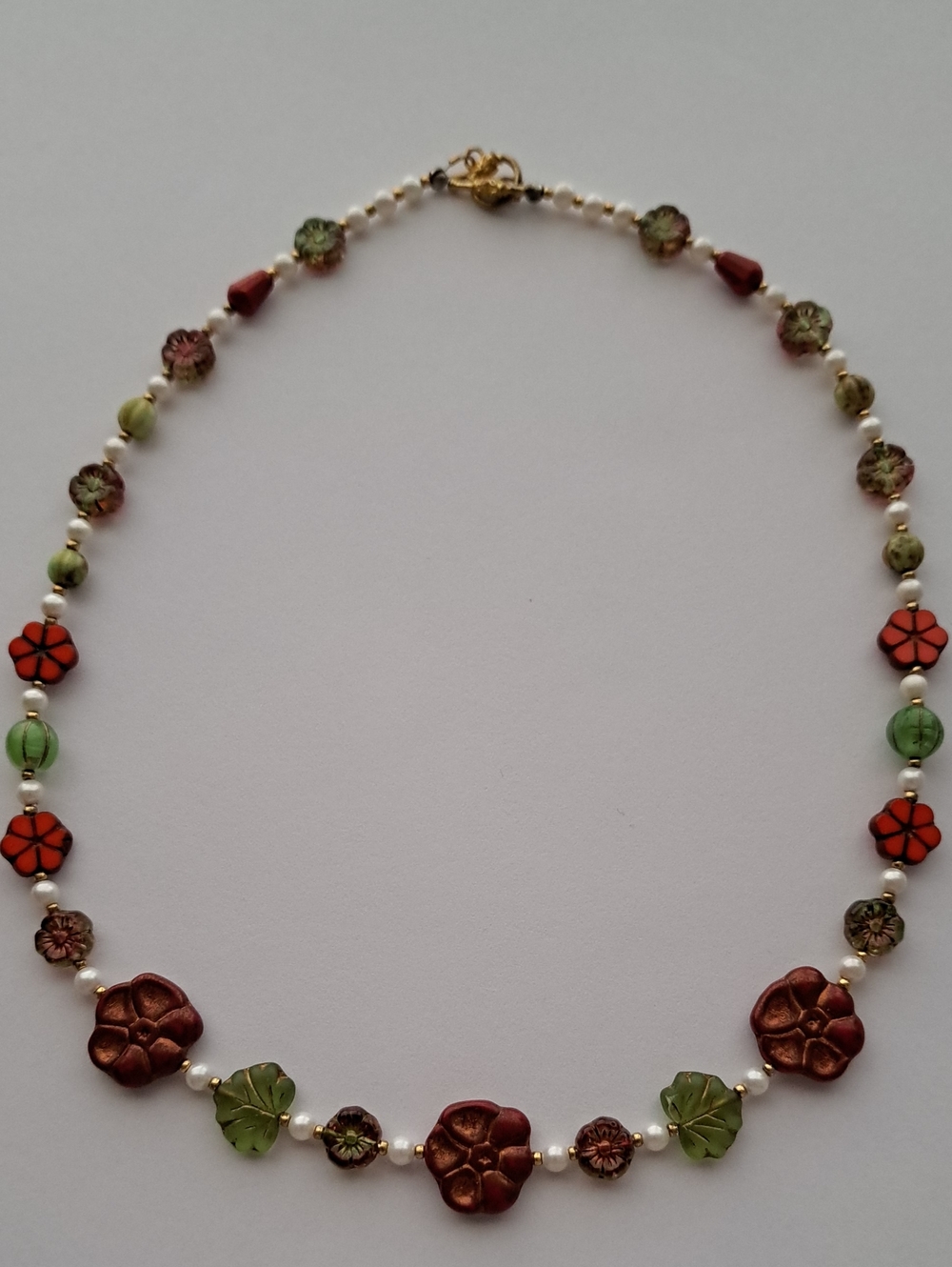 Handmade Floral Glass Bead Necklace in Red and Green